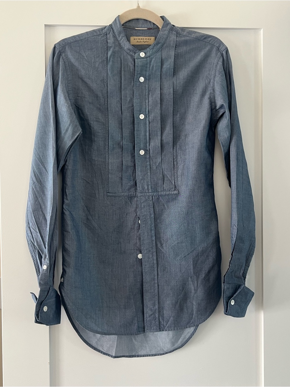 Burberry Slate Blue Band-Collar Pintuck Button-Down Shirt